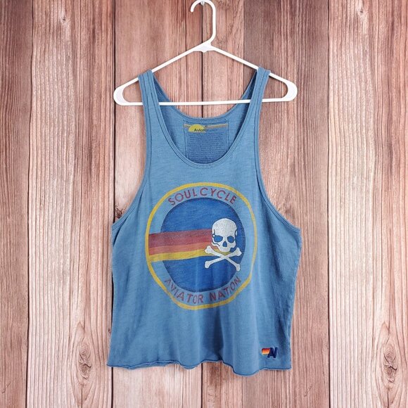 *READ* Aviator Nation Womens Medium Soul Cycle Retro Skull Boxy Tank Top Blue - Picture 1 of 16